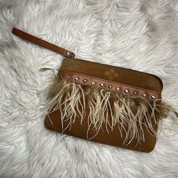 Patricia Nash Handbags - Patricia Nash Tan Suede and Leather Cassini Feather and Studded Wristlet